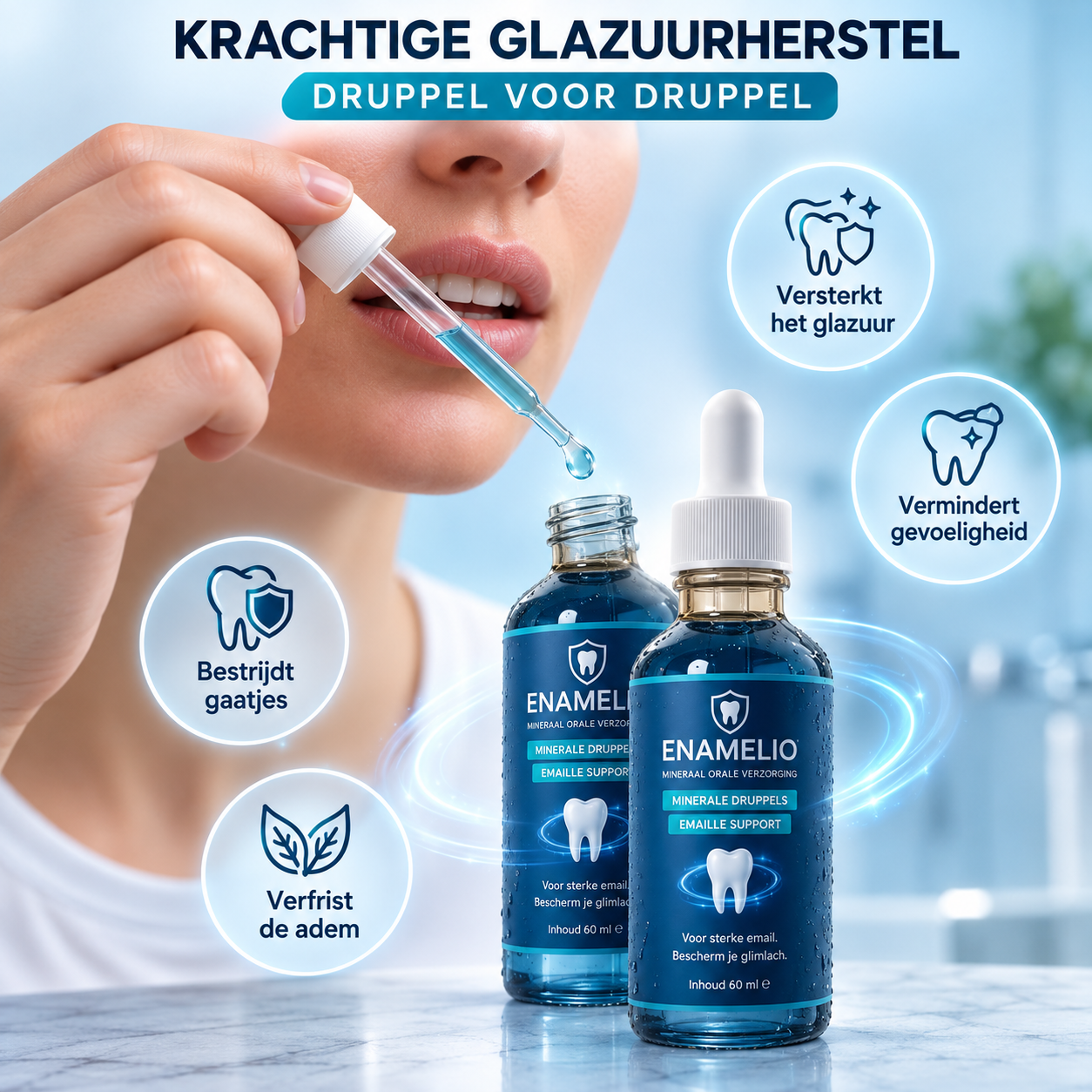 Hand die met de pipet een druppel Enamelio Mineral Drops doseert