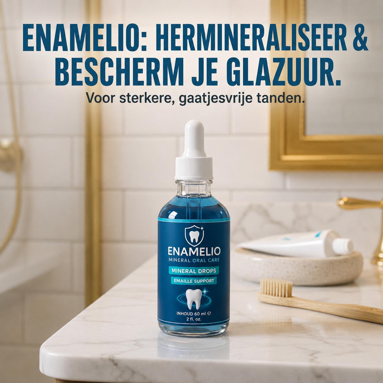 Enamelio Mineral Drops naast een tandenborstel